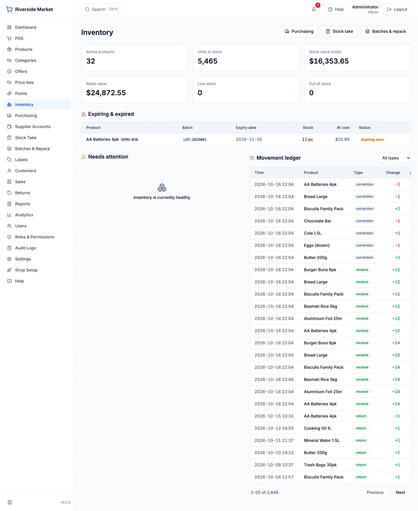 Inventory valuation and the movement ledger behind it.