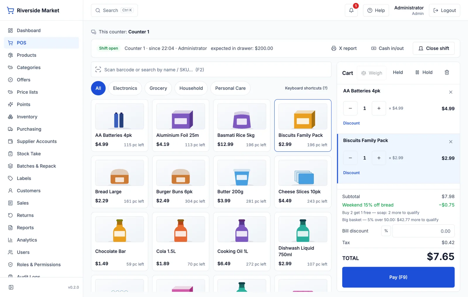 The till, mid-sale: products with pictures, a cart, an offer applied and the total.